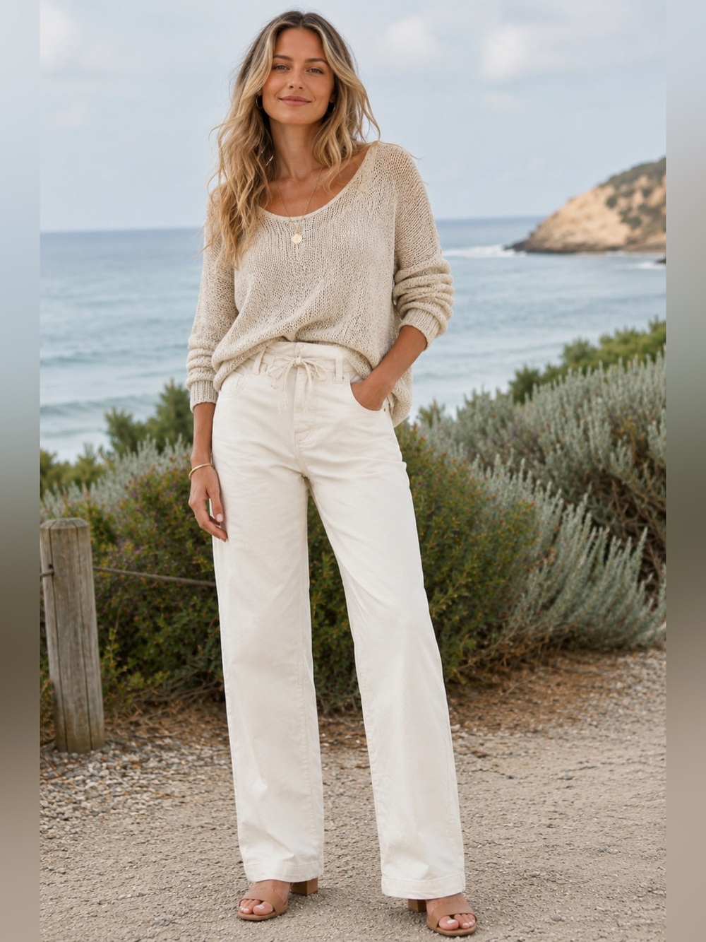 Paige Ecru Wide Leg Jeans Quiet Luxury Coastal Grandmother 28 Stretch Clean Girl